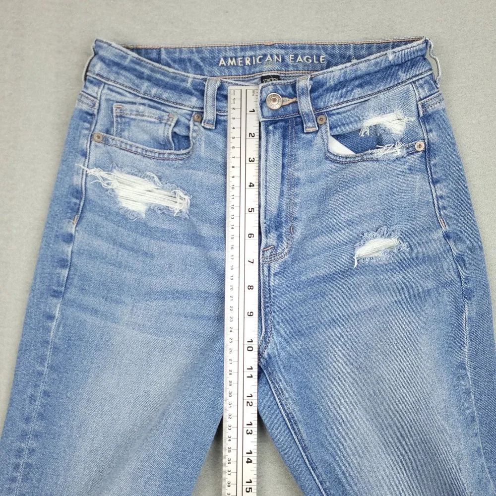 American Eagle Mom Straight Jeans Womens Sz 4 High Rise Distressed Denim Blue